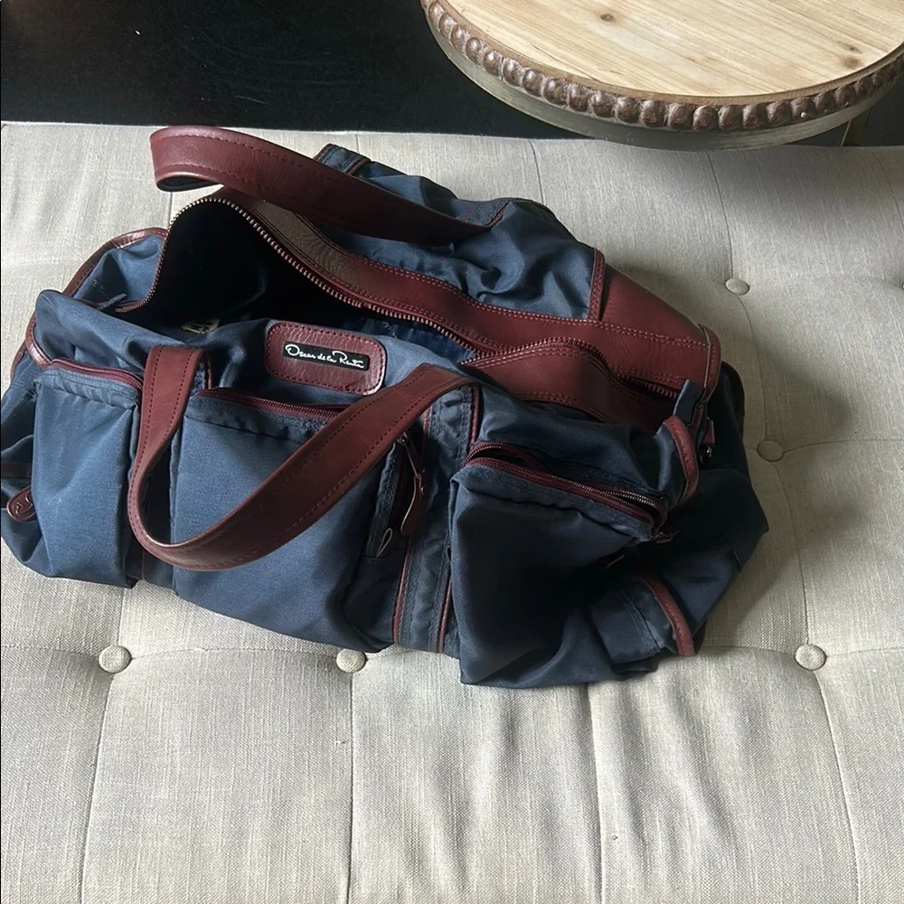 Oscar de la Renta Navy Maroon Trimmed Travel Duffle Bag